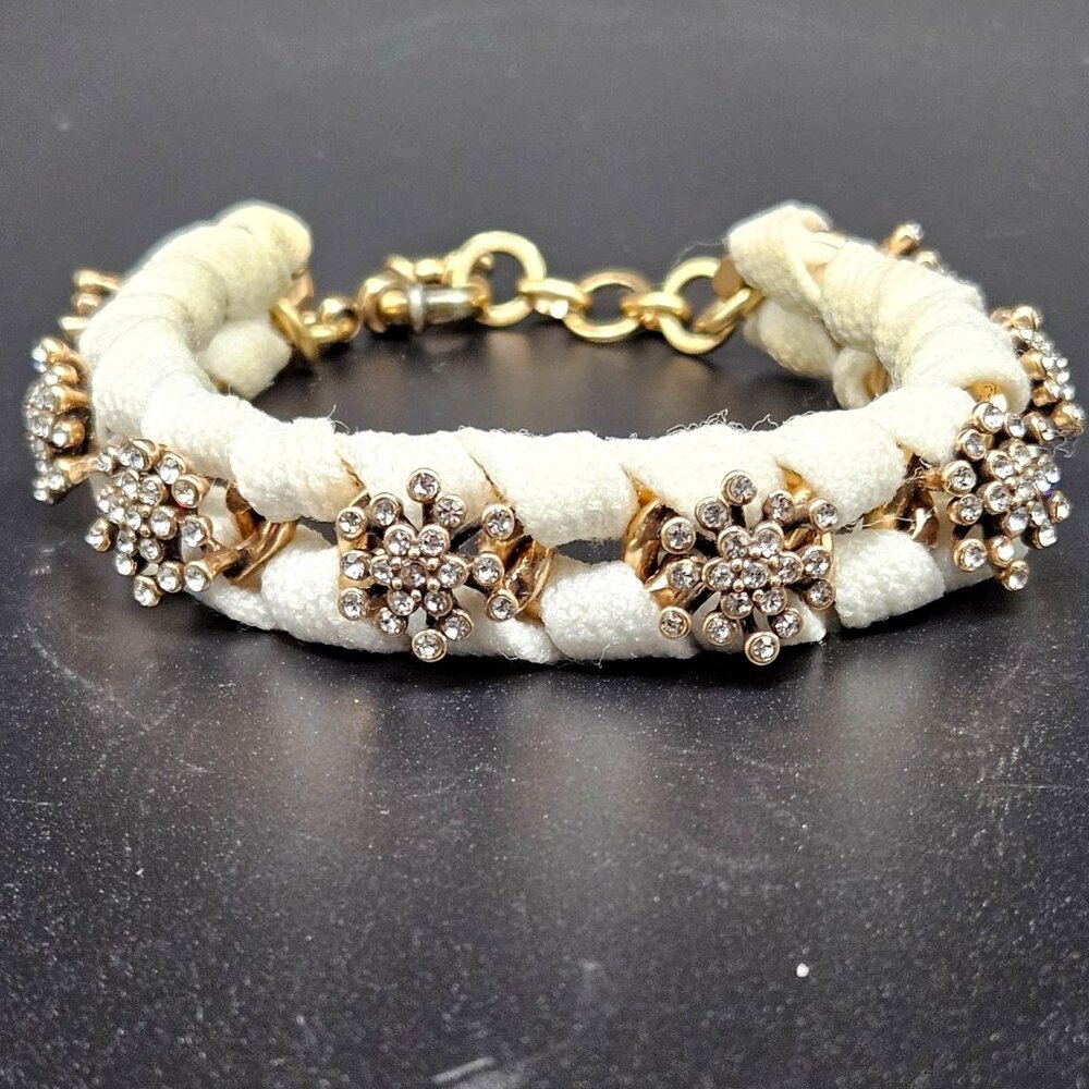 J Crew Bracelet Star Flower White Ribbon Wrapped Chain Pavé Detail